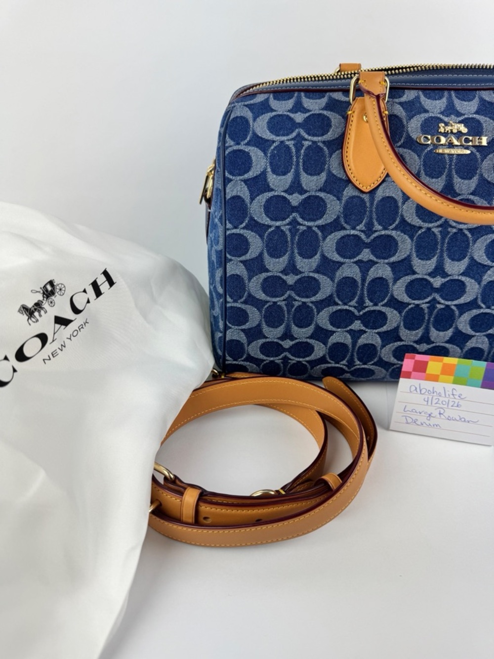 Coach Large Rowan Denim Signature Satchel Leather Trim Crossbody Strap - Picture 11 of 12